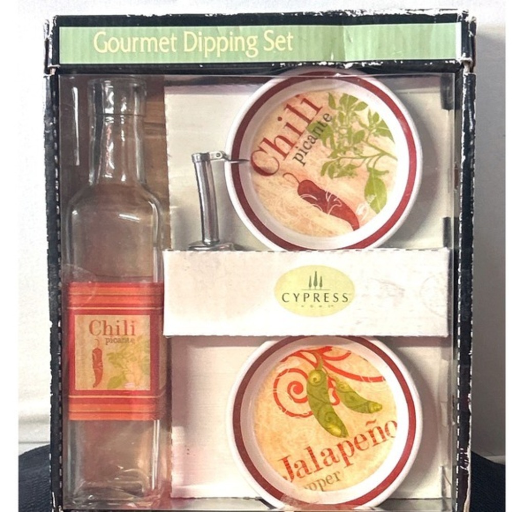 Cypress Home Gourmet Dipping Set Chili Jalapeno Bowls Oil Bottle NIB 2007